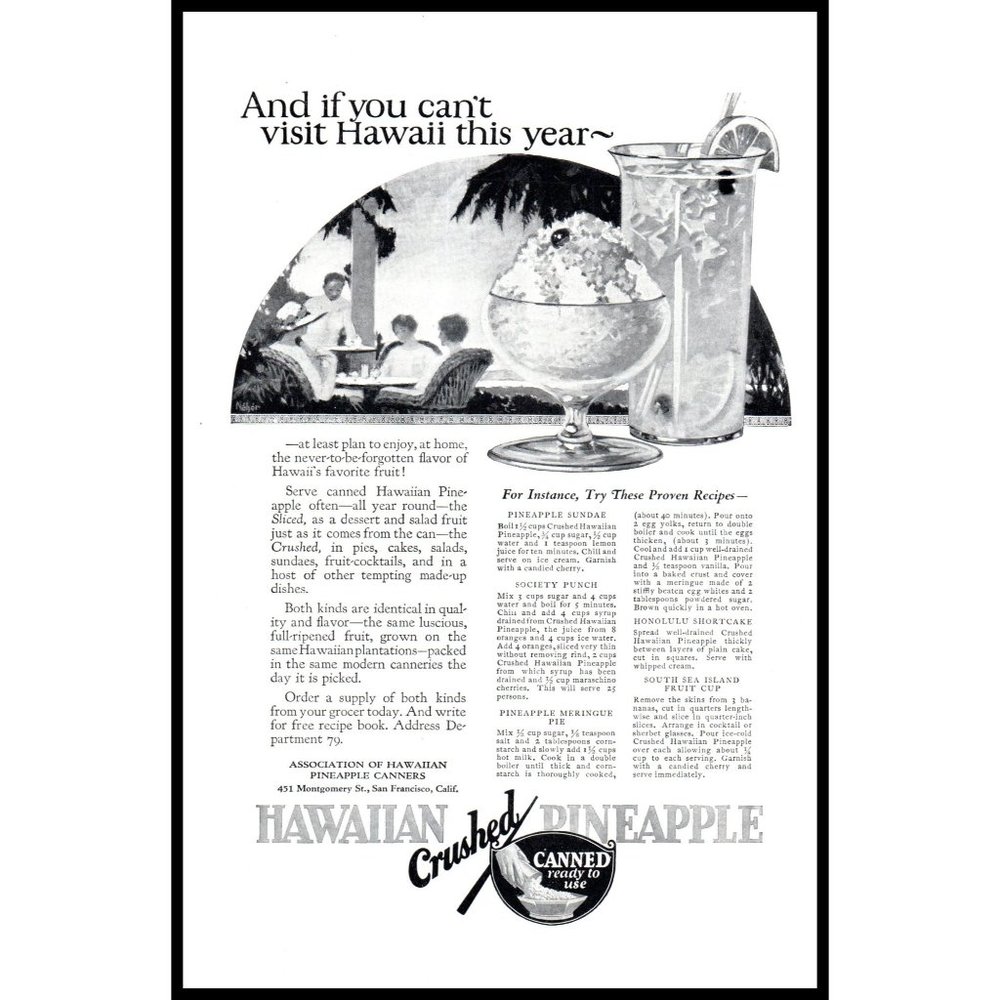 1924 Hawaiian Crushed Pineapple Vintage Print Ad Beach Patio Sundae Wall Art